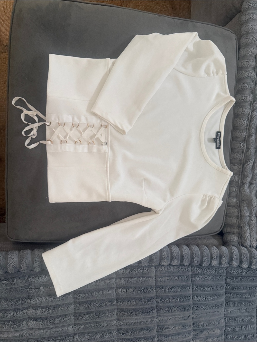 Express Ivory Lace-Up Waist Long Sleeve Crop Top